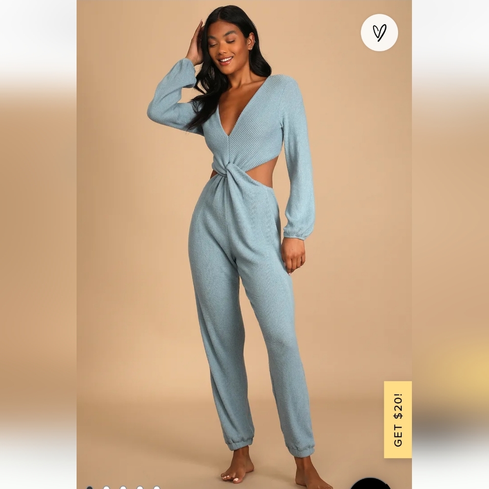 Lulus Lounge Time Light Blue Ribbed Twist-Front Lounge Jumpsuit Sz Small